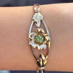 Vintage Gold Filled Floral Bracelet Green Stone Adjustable Bangle Mid Century